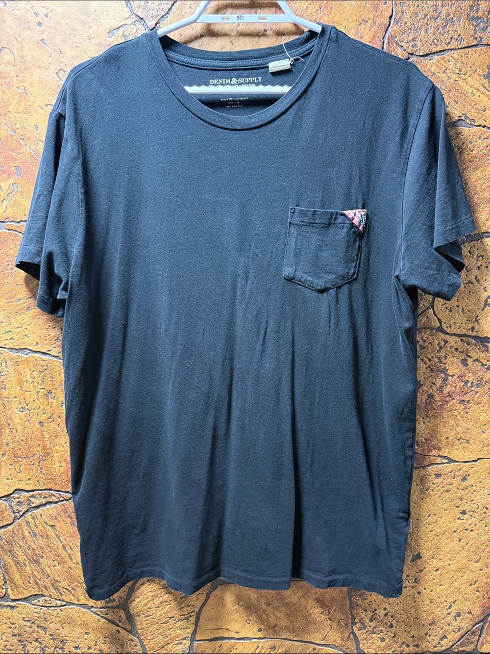 Denim & Supply Ralph Lauren Black Short
Sleeve Pocket Tee with Plaid Trim. #14